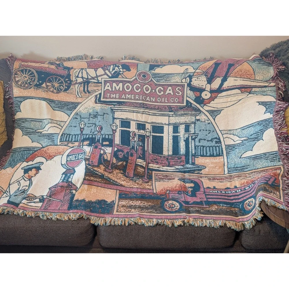 Vintage Amoco Gas Station Tapestry Fringe Throw Blanket American Oil Co Woven